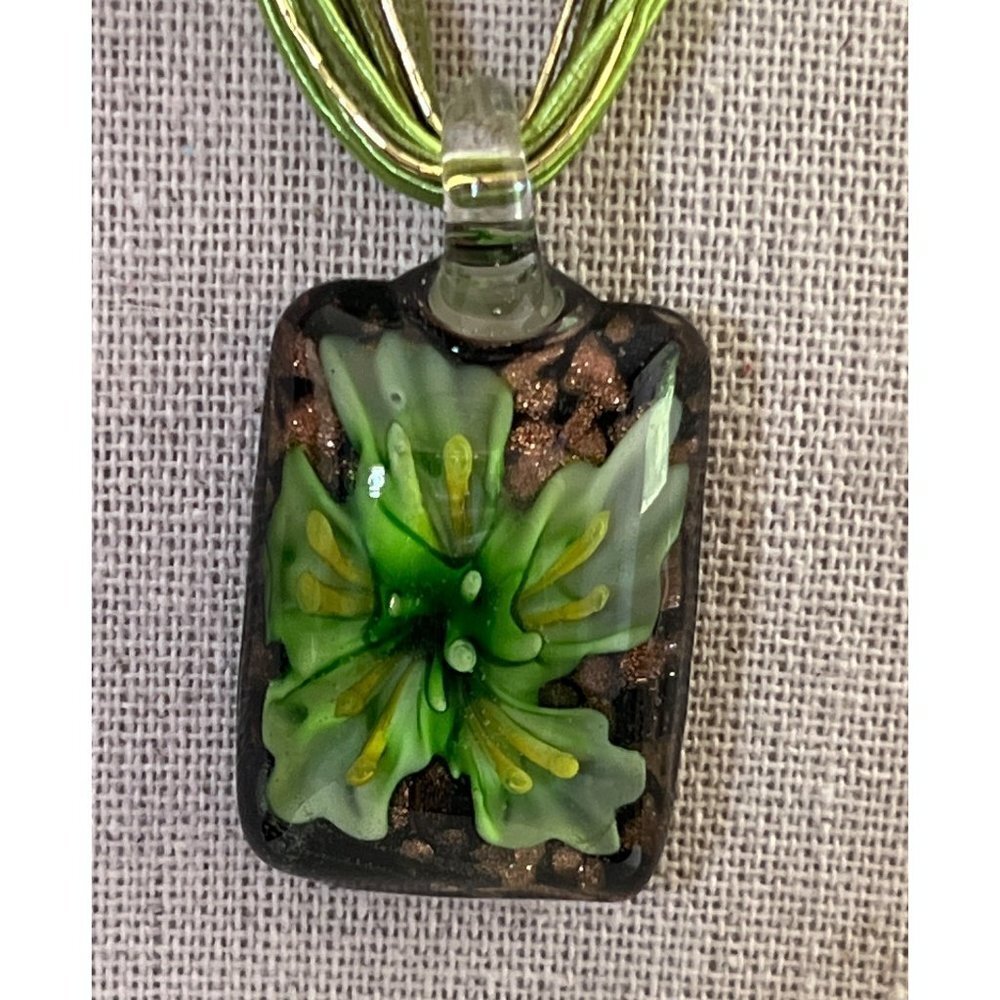 Dichroic Glass Green Flower Pendant Necklace -- 18"